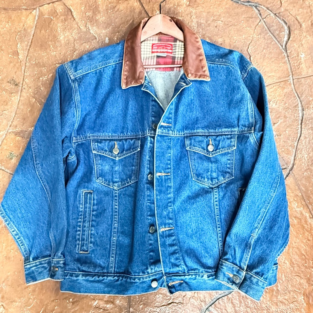 Vintage Marlboro‎ Country Store Denim Jacket Leather Collar Flannel Mens L